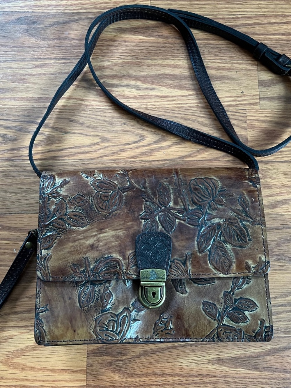 Patricia Nash Dark Brown Bark Leaves Leather Crossbody Wristlet